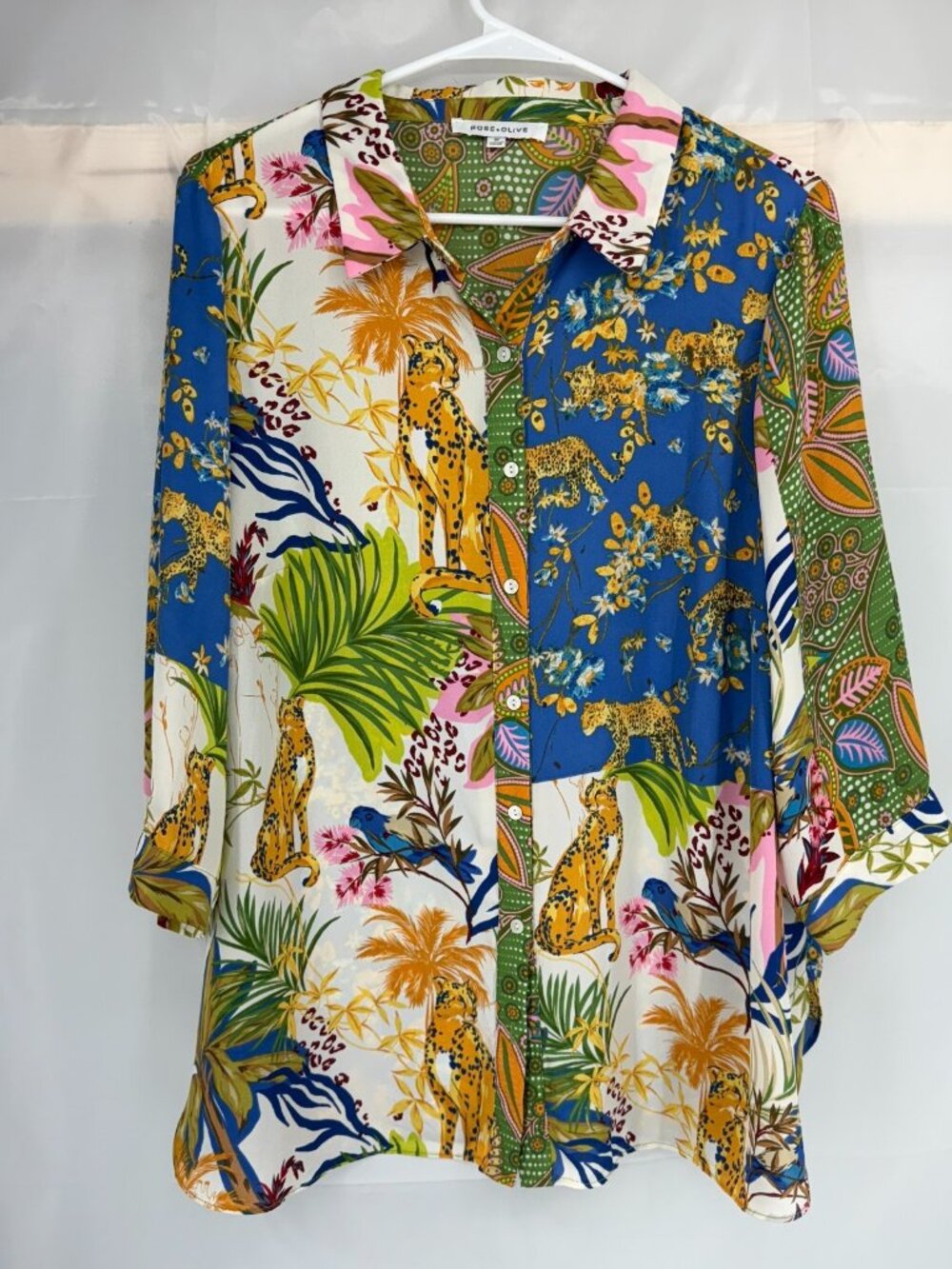 Rose & Olive Multicolor Tropical Leopard Print Button-Up Blouse